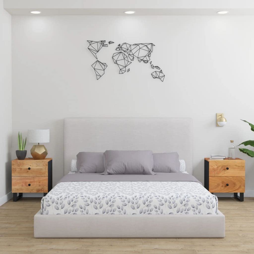 vidaXL Acacia Wood Bedside Cabinets, Set of 2, Black Iron Frame - Industrial Styled, Solid Wood Nightstands with Unique Grain Variations - Size: 15.7"x13"x18.1"